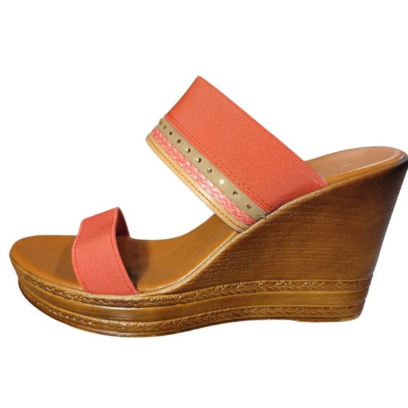 ITALIAN SHOEMAKERS Coral Brown Wedge 4" Heel Sandals Jeweled strap Women Sz 8.5 - Picture 1 of 7